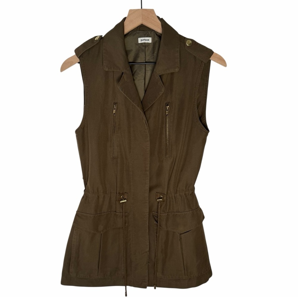 Olive Green Military Utility Vest Sleeveless Zip Pockets Drawstring Waist Size S